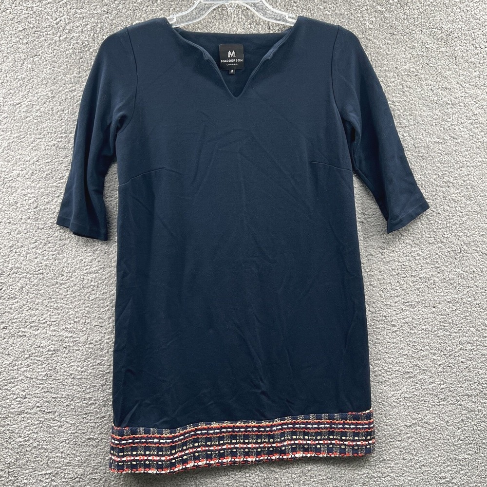 Women Navy Knit Shift Dress Medium 3/4 Sleeve Casual Office Trim Hem Classic